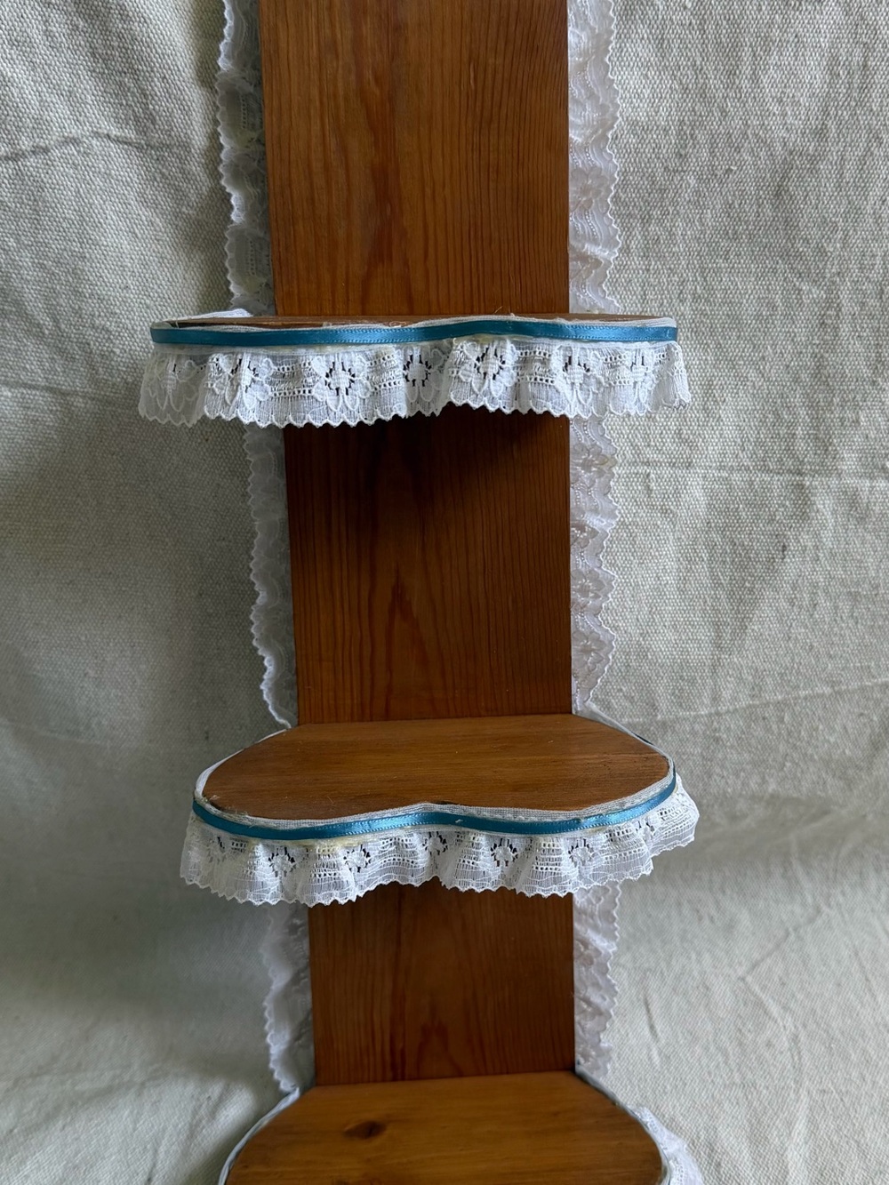 Vintage Wood Heart Wall Shelf Lace Trim Blue Ribbon Cottagecore Coquette Display
